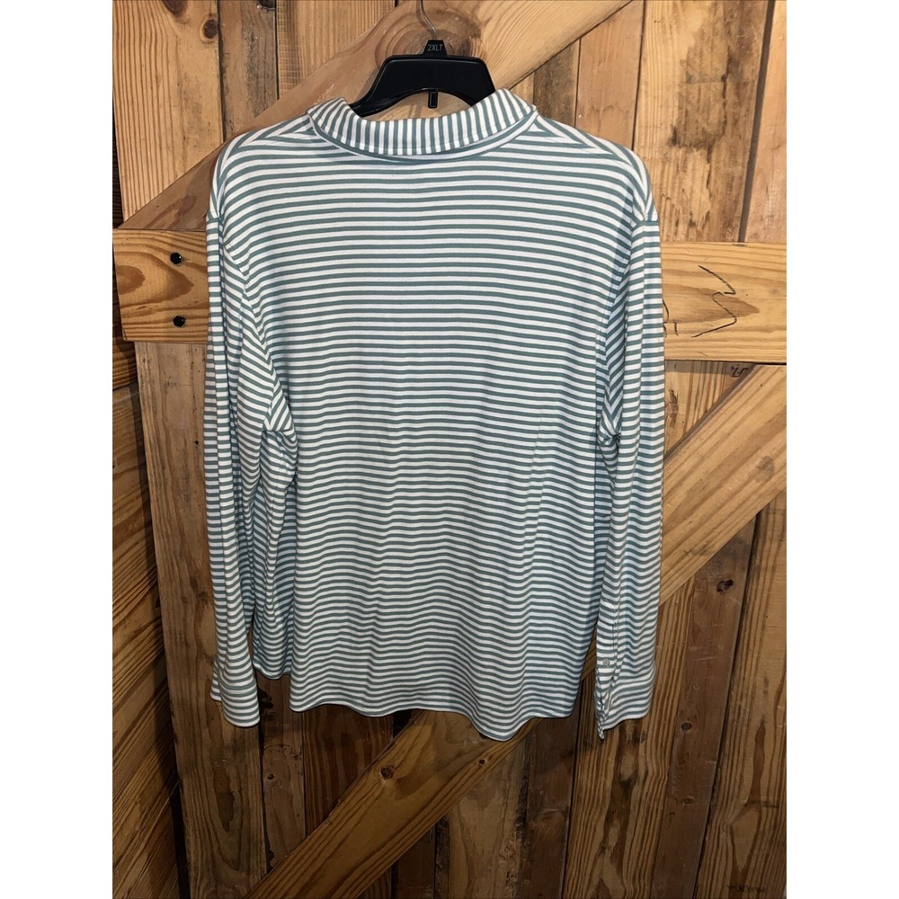 Preppy Lands End Shirt XL Green White Stripe Knit Button Up Long Sleeve Casual - Picture 11 of 15